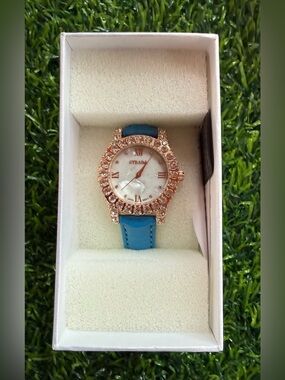 Strada Japanese Rose Gold Australian Crystal Movement Watch Blue Strap